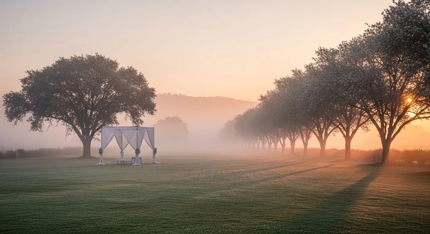 Misty sunrise at a farmhouse wedding venue near Nandi Hills