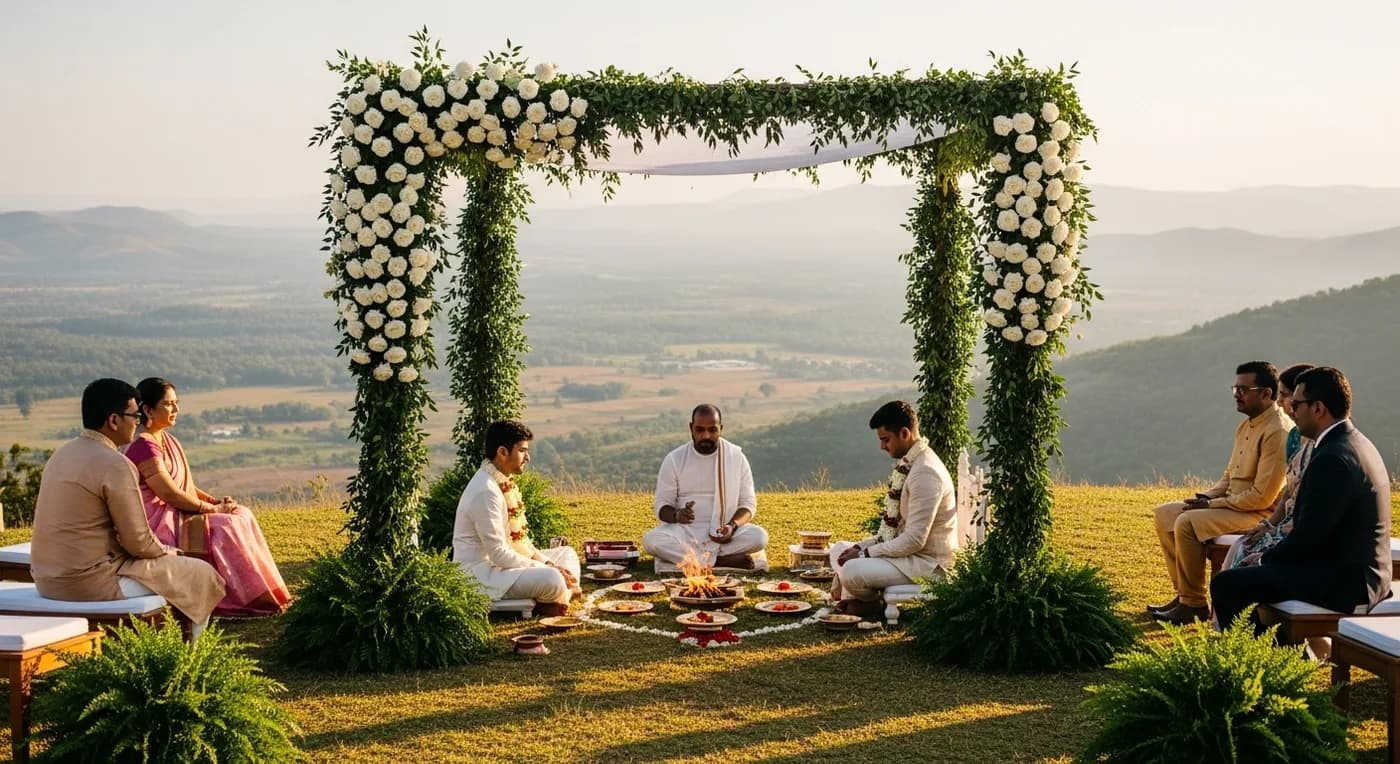 Outdoor wedding ceremony with mandap near Nandi Hills outside Bangalore