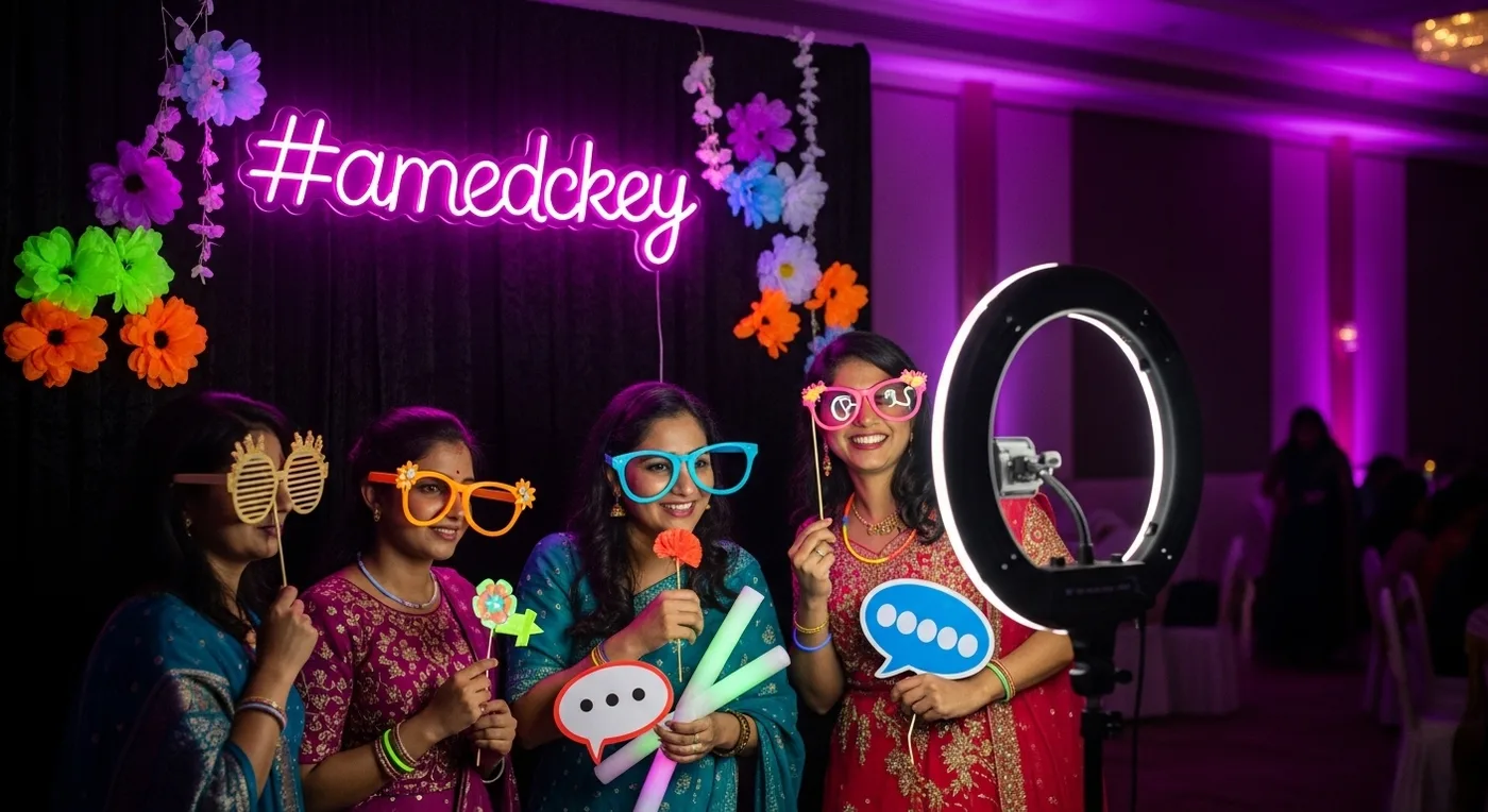 Neon-themed photo booth with props at a Bangalore wedding reception