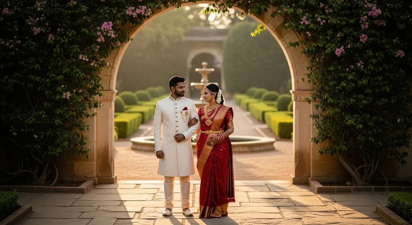 Couple portrait at heritage palace garden arches during golden hour