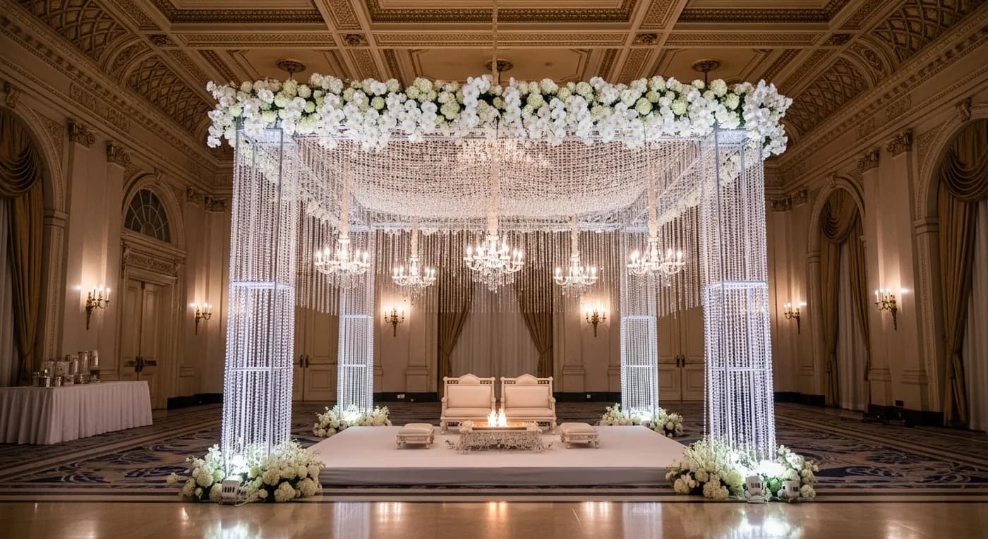 Palace hotel ballroom with chandelier and floral mandap for wedding ceremony