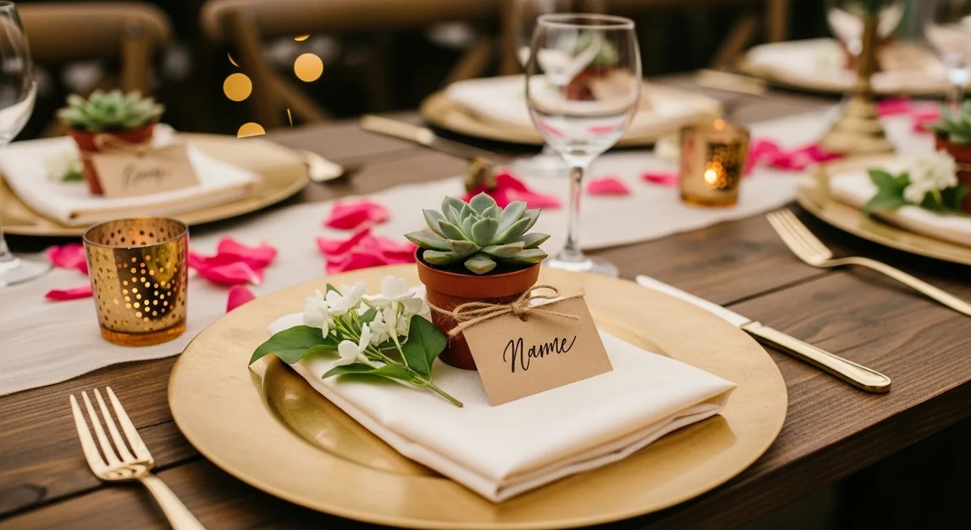 Personalised place setting with succulent favour at intimate Bangalore wedding
