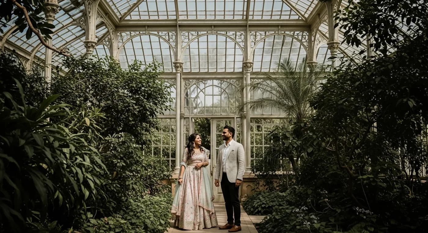 Pre-wedding couple portrait at Lalbagh Botanical Garden glasshouse during golden hour