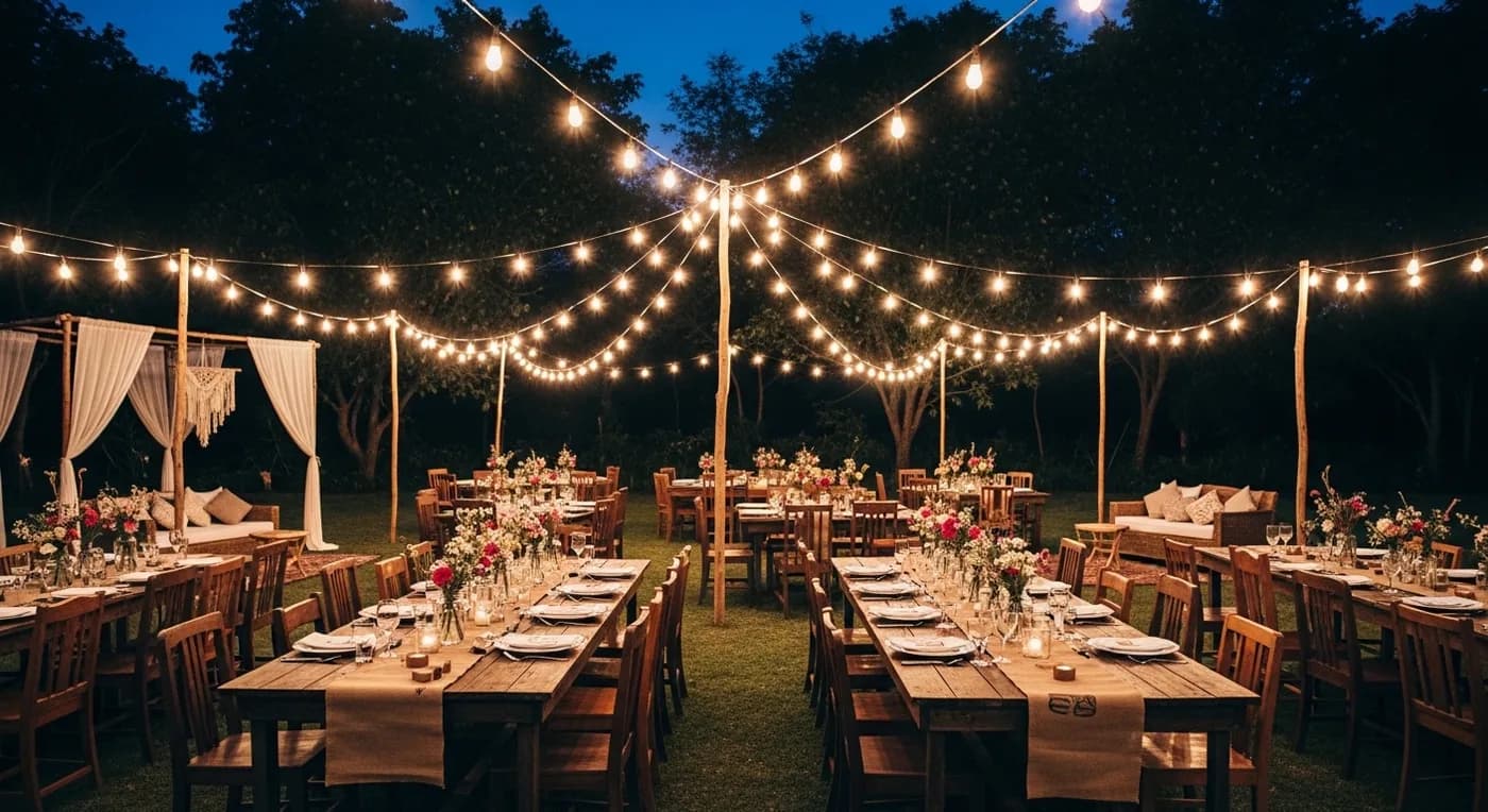 Rustic farmhouse wedding decor with Edison bulbs on Kanakapura Road
