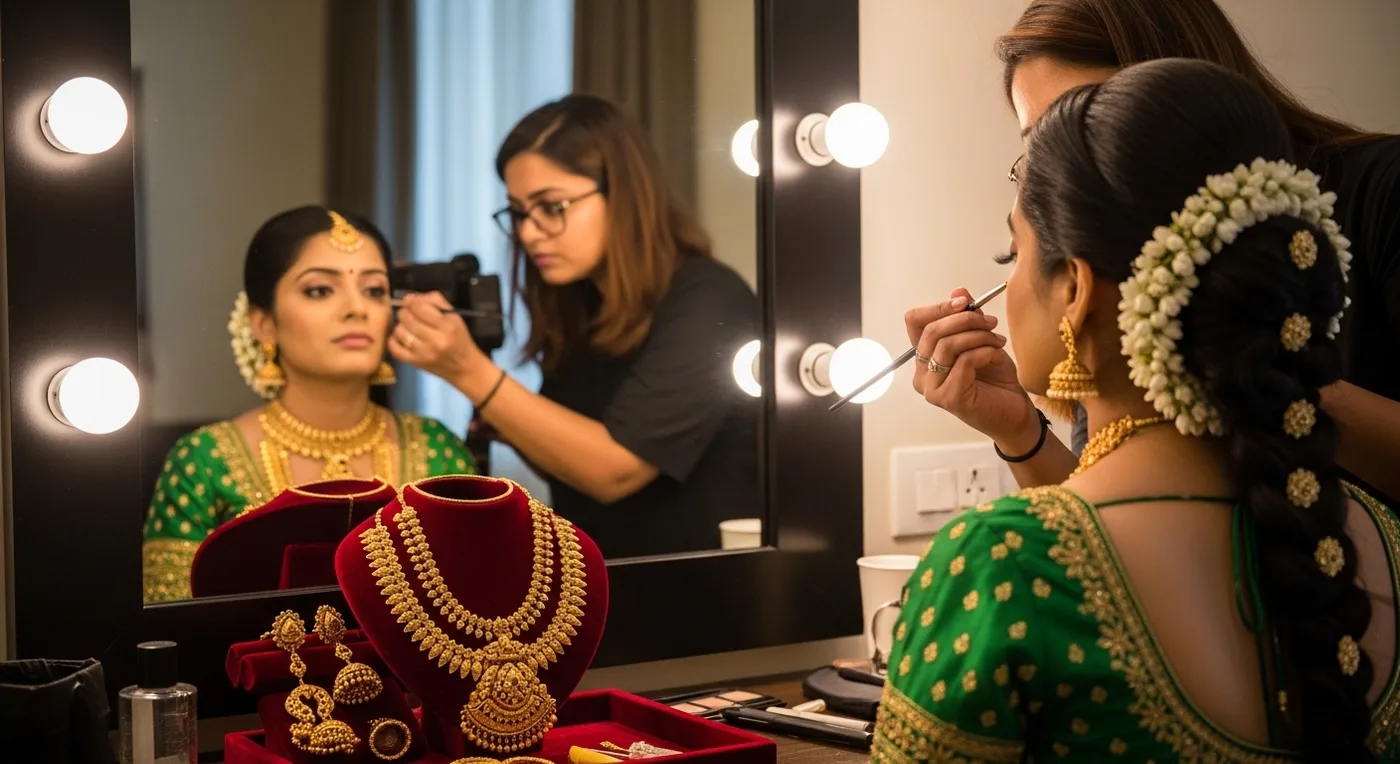 South Indian bride getting ready with professional makeup artist