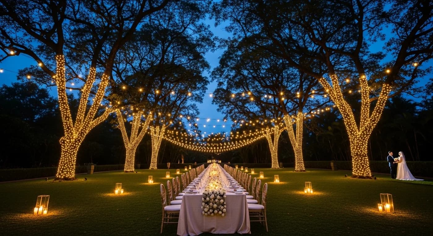 Taj West End garden with fairy lights set for wedding evening reception