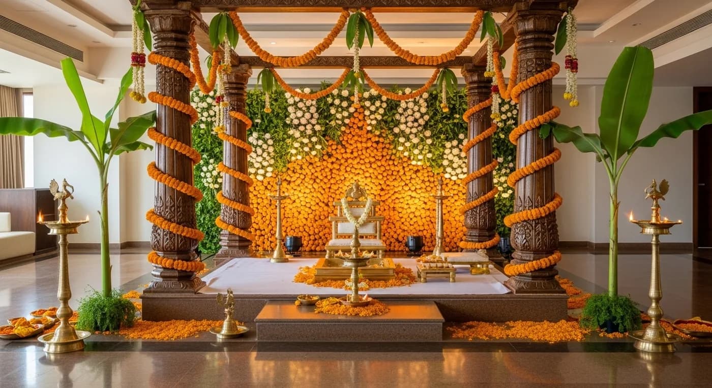 Traditional Kannada wedding mandap setup in a kalyana mantapa