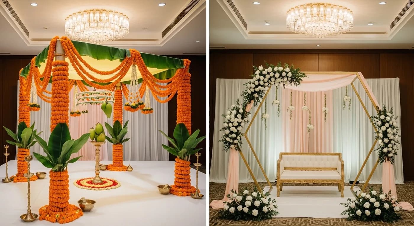 Traditional marigold mandap versus modern minimalist mandap decoration comparison