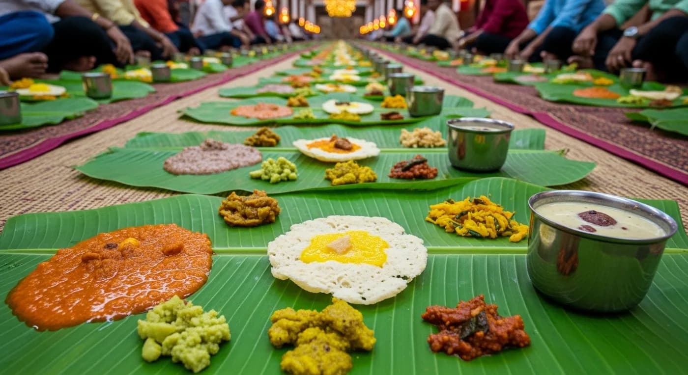 Udupi-style vegetarian wedding feast served on banana leaves