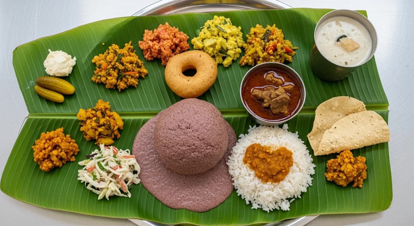 Vokkaliga wedding feast with ragi mudde and bassaru on banana leaf