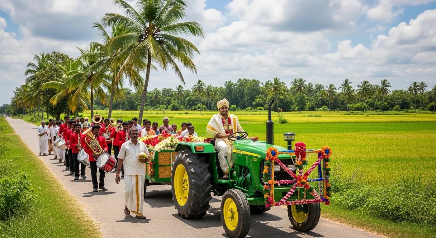 Vokkaliga groom's tractor procession on a rural Karnataka road