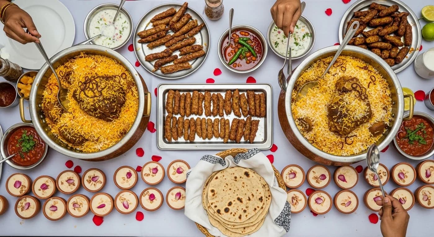 Walima feast with Deccani biryani spread at a Bangalore Muslim wedding