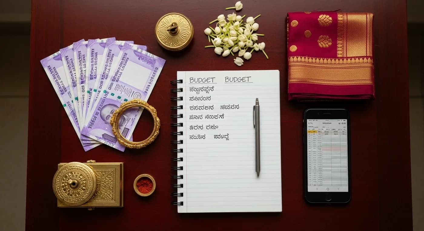 Wedding budget planning essentials flat-lay with Indian currency and checklist
