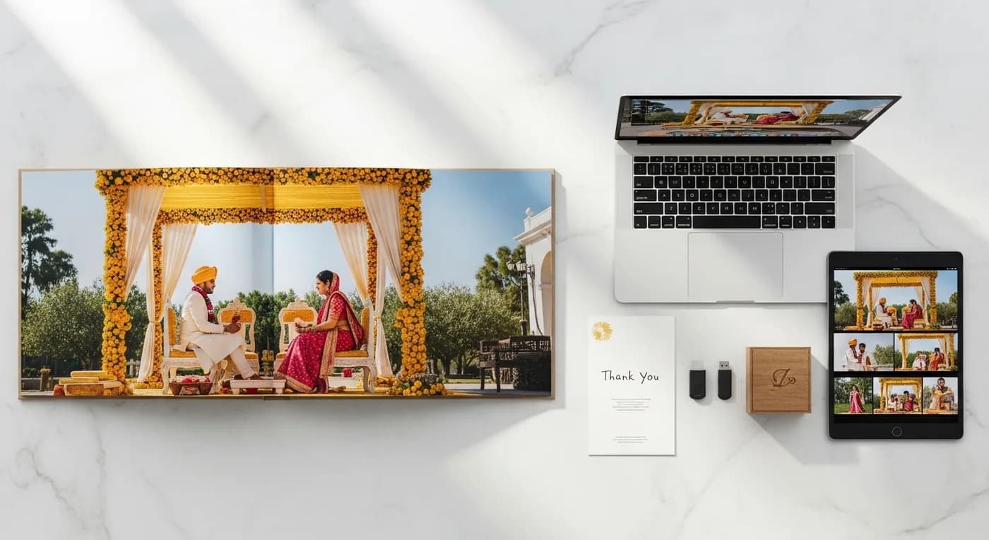 Premium leather wedding photo album alongside a digital gallery on tablet