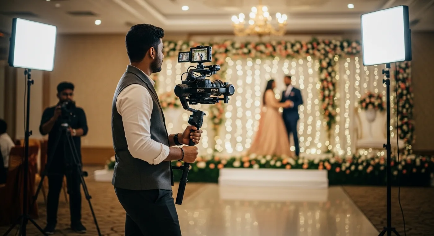 Wedding videography gimbal and dolly setup at a Bangalore reception