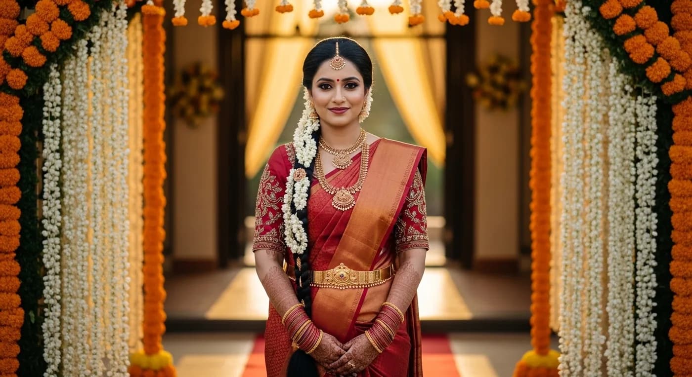Bangalore bride with completed bridal makeup and traditional jewellery before her wedding ceremony