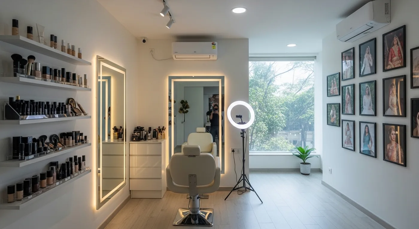 Makeup artist studio in Bangalore with professional lighting and cosmetics display