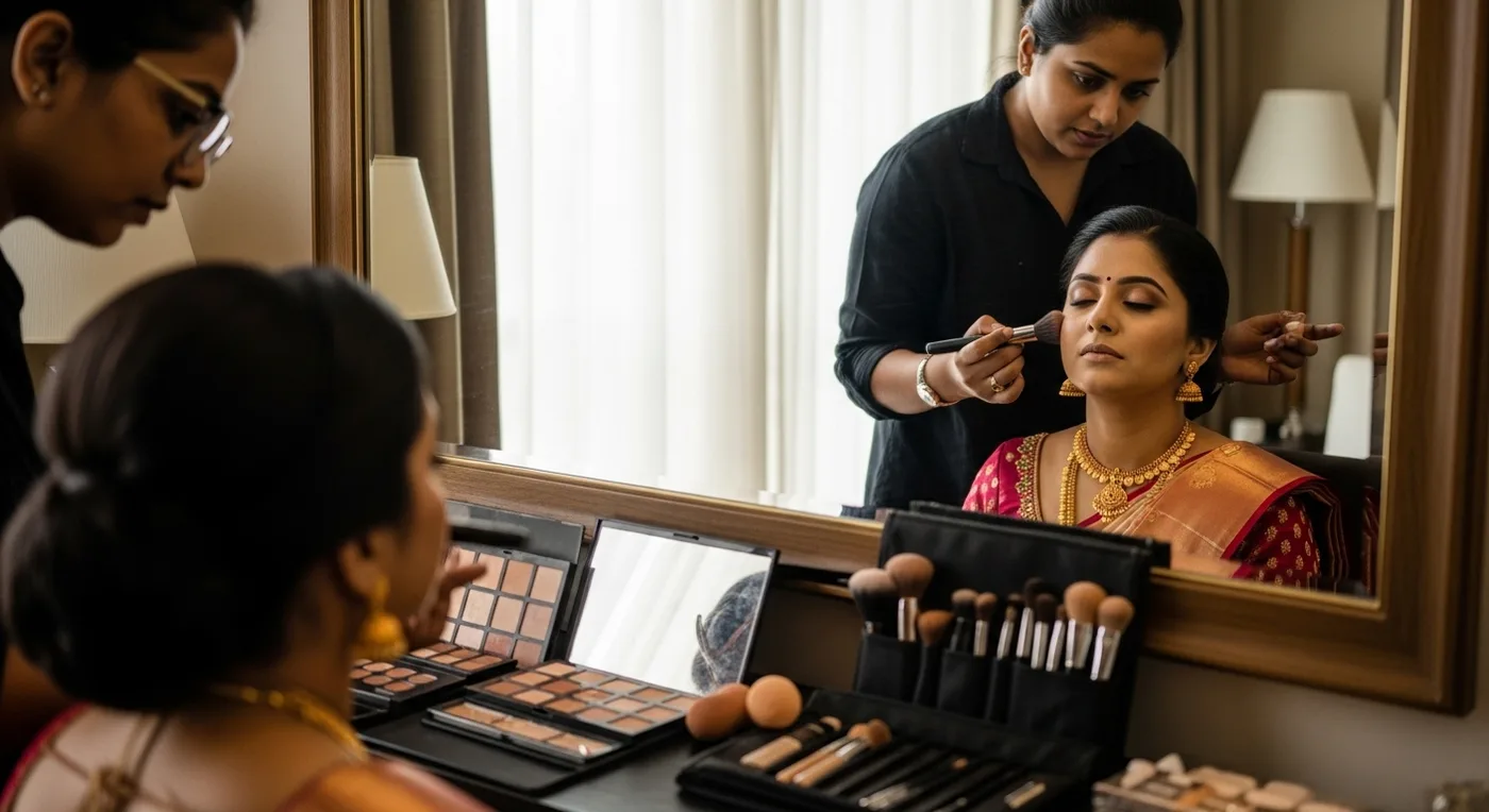 Bride getting professional bridal makeup applied before her Bangalore wedding ceremony