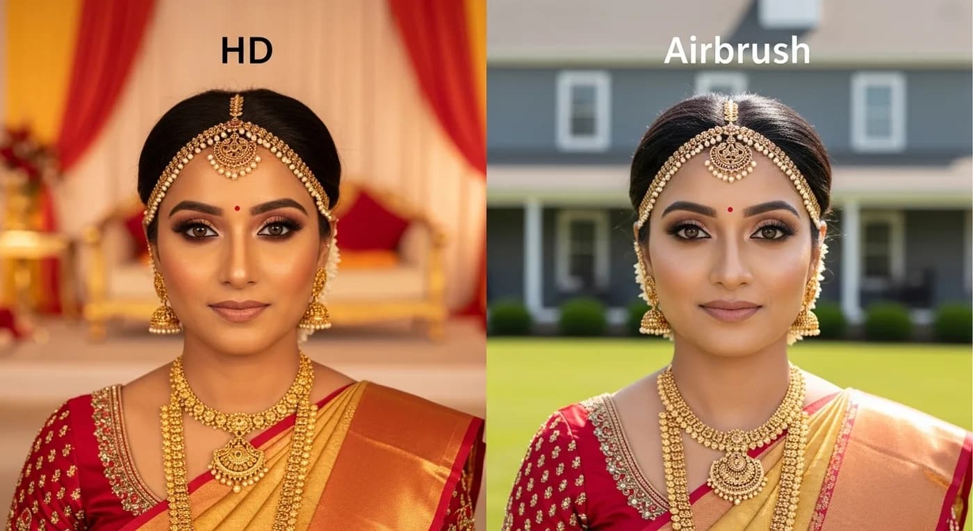 Comparison of HD and airbrush bridal makeup techniques showing finish differences