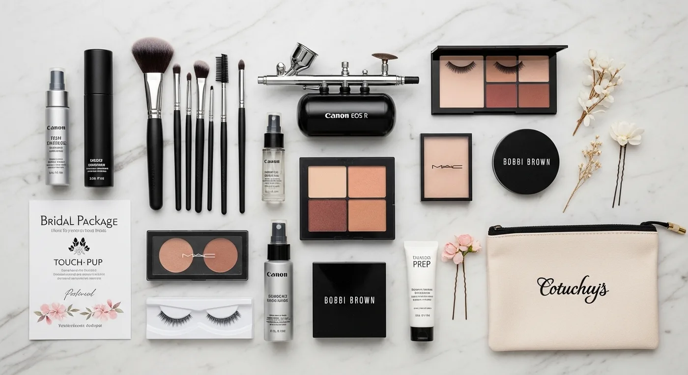 Items typically included in a professional bridal makeup package laid out on a vanity table