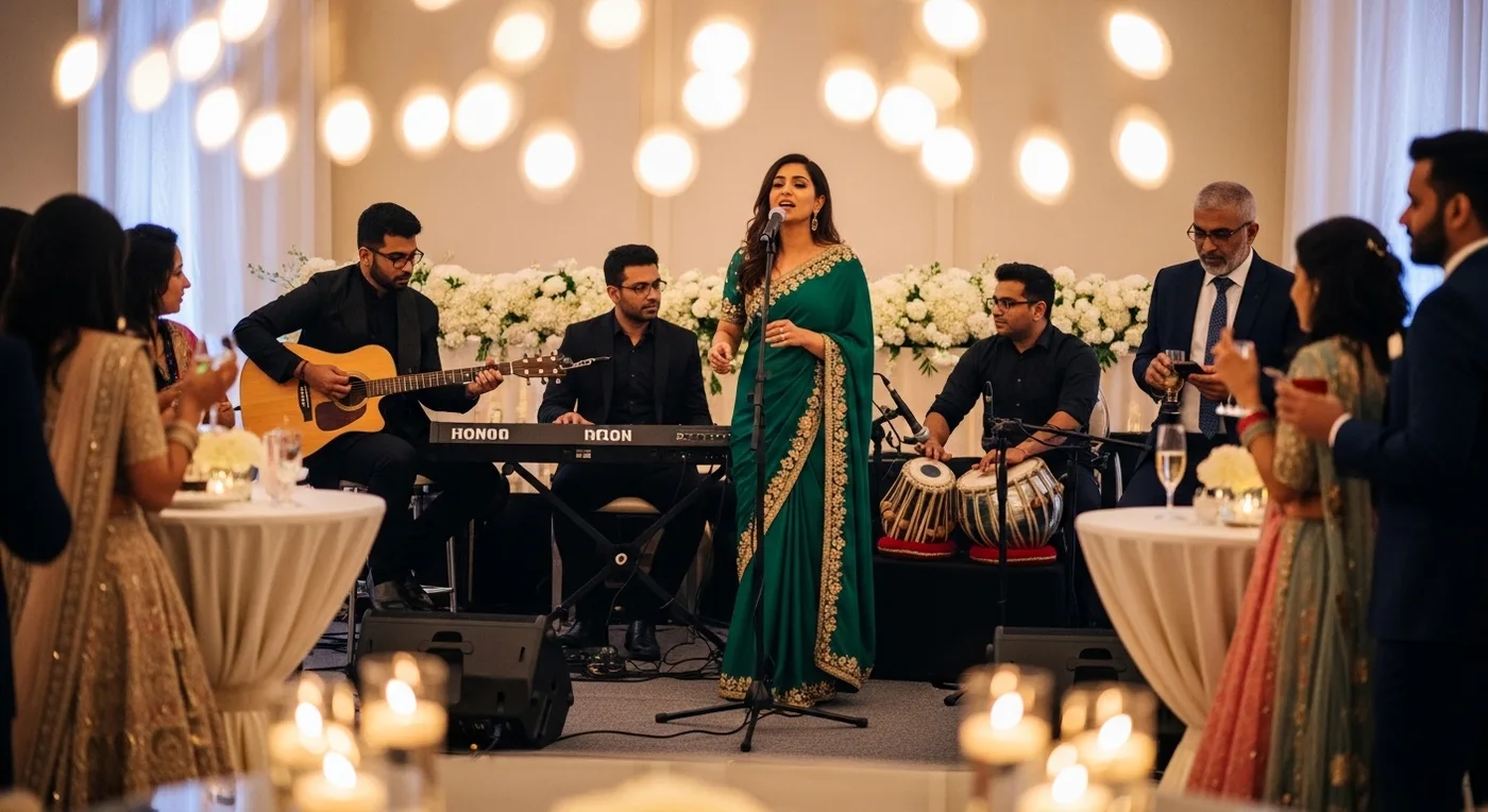 Live band performing Bollywood hits at a Bangalore wedding reception with brass section