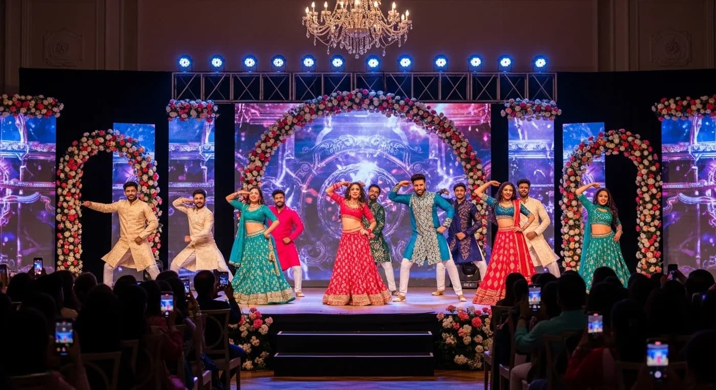 Choreographed sangeet performance with coordinated lighting and costumed dancers