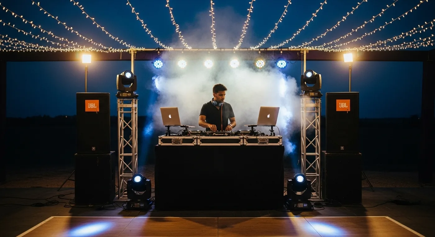 Professional DJ setup at a Bangalore wedding reception with LED lighting and dance floor