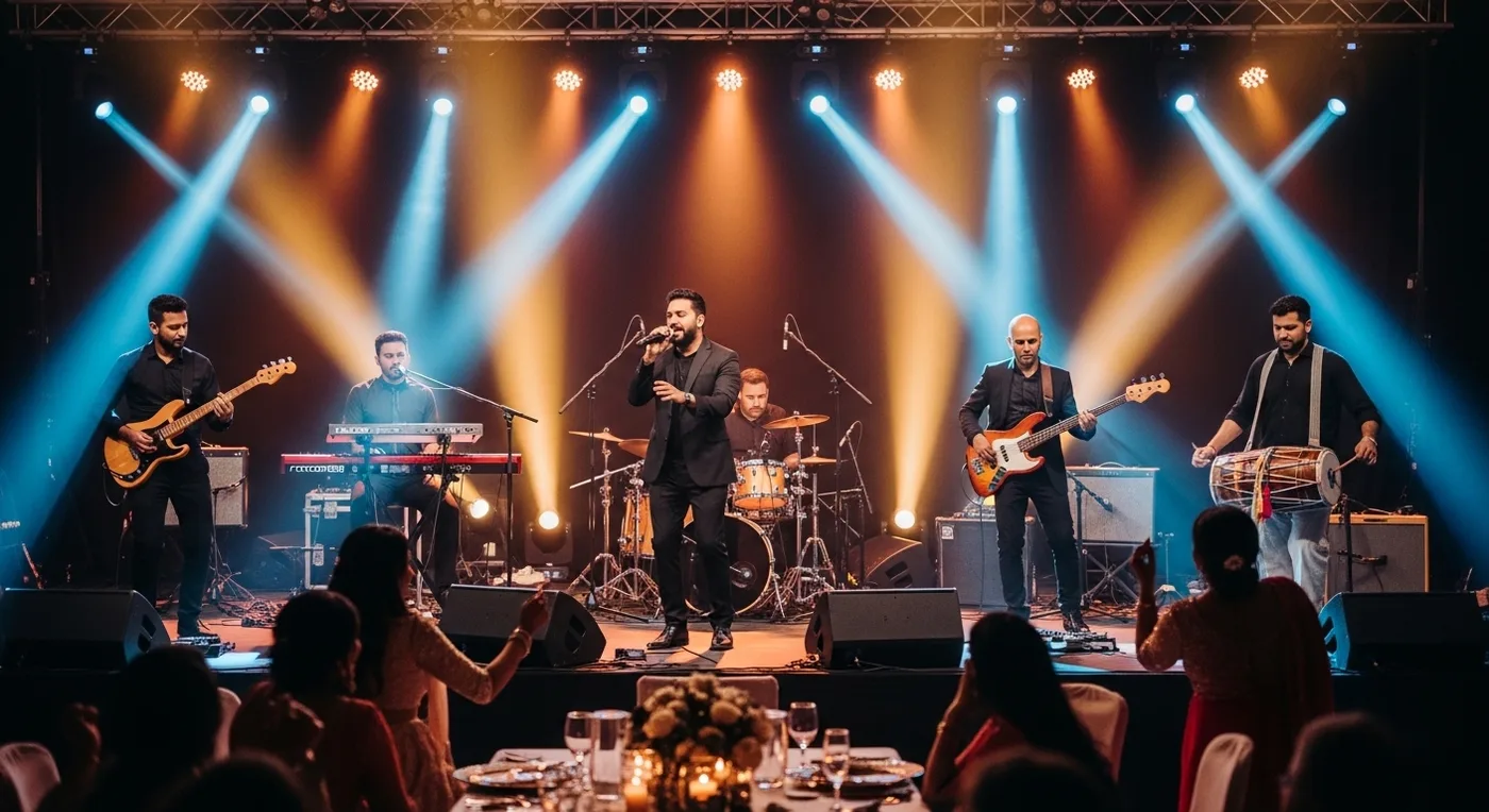 Live band performing at an evening Bangalore wedding reception with dramatic lighting