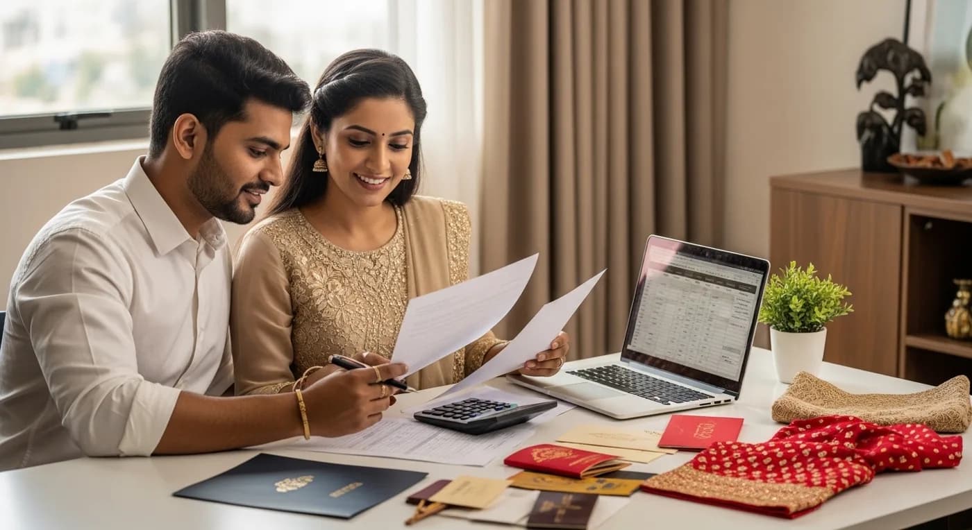 Bangalore wedding budget planning with couple reviewing costs