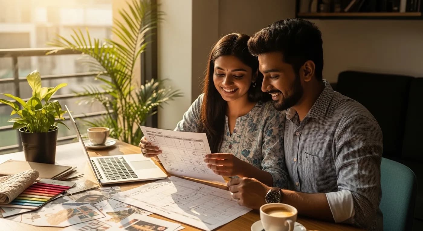 Couple planning their Bangalore wedding with a checklist and calendar