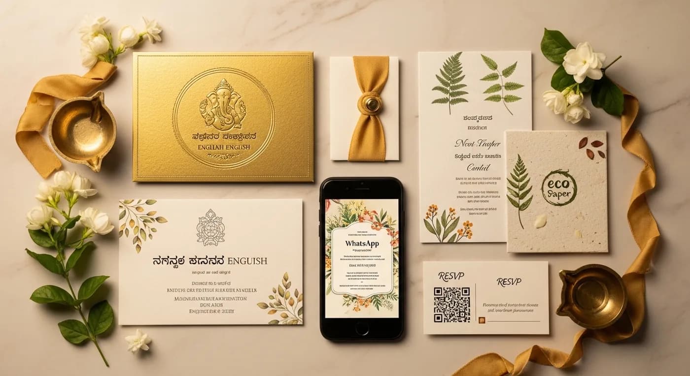 Modern Bangalore wedding invitation designs showing digital and printed options