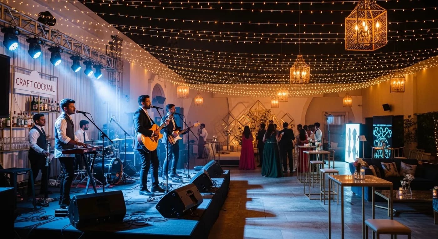 Trendy Bangalore wedding reception with live band and themed decor