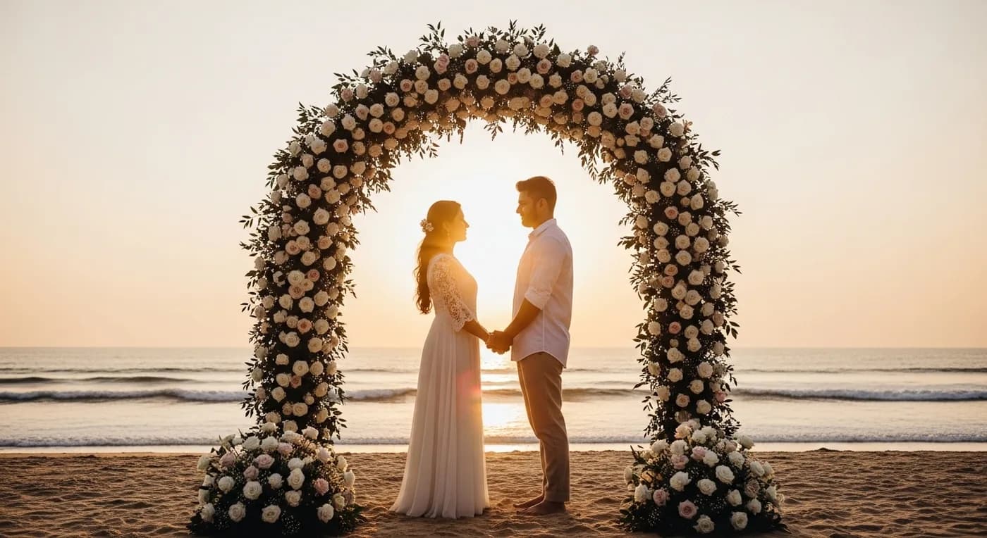 A couple exchanging vows on a Kerala beach at golden hour with floral arches and the Arabian Sea in the background