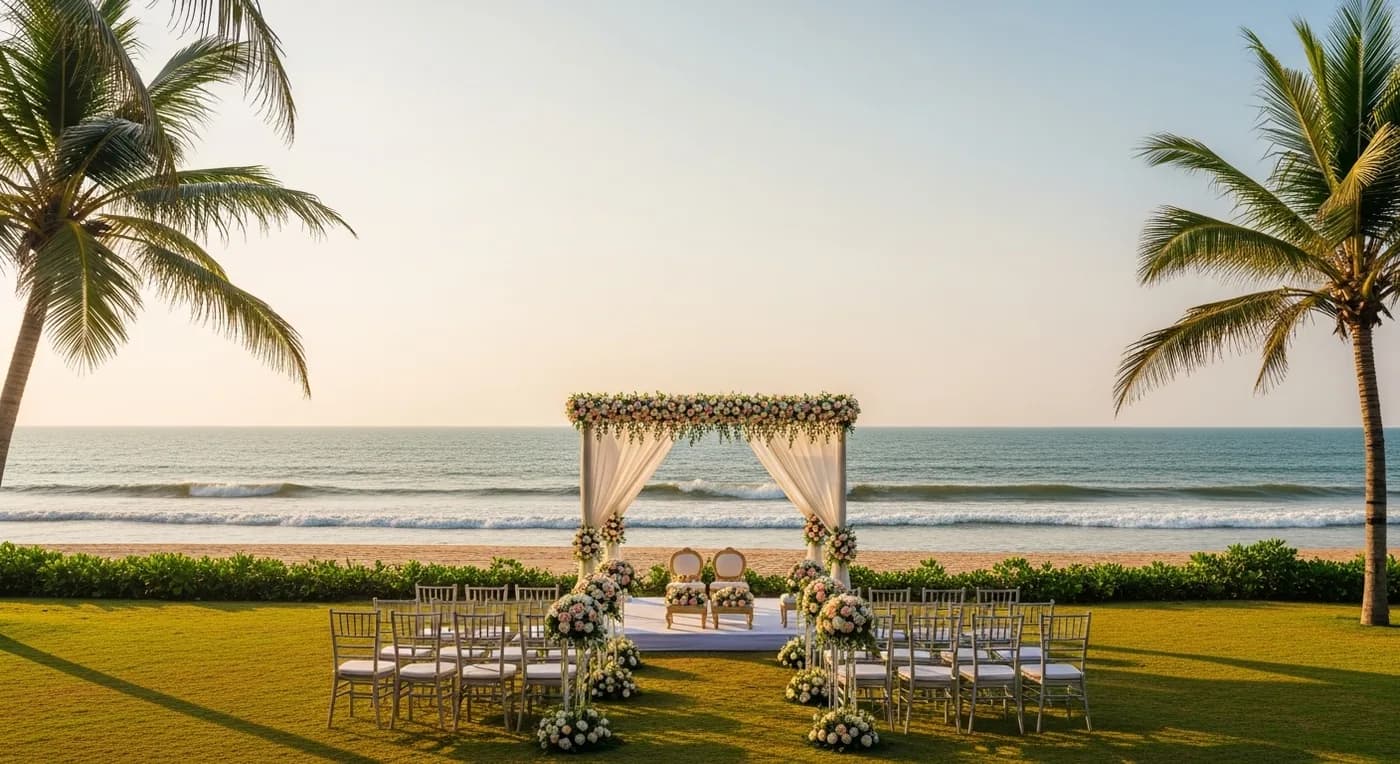 Beach wedding ceremony setup on ECR Chennai with ocean backdrop