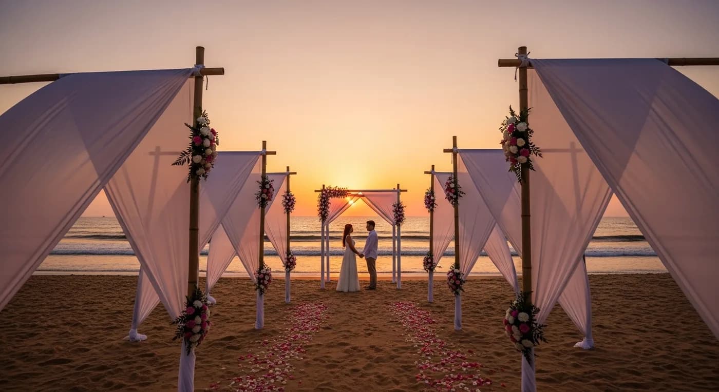 Sunset beach wedding setup in Alappuzha with floral arch and Arabian Sea backdrop