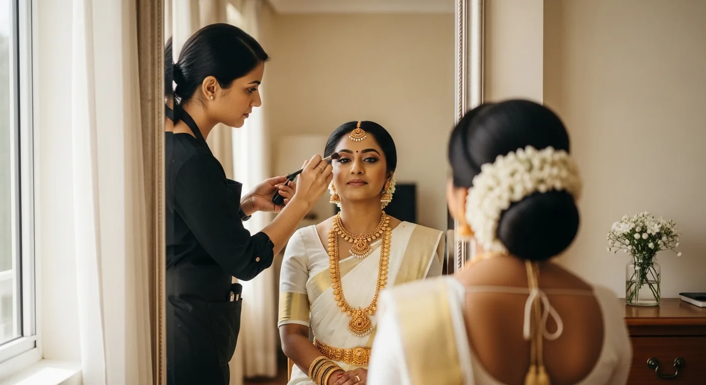 Bridal makeup artist applying makeup to Kerala bride in Kochi with traditional gold jewellery