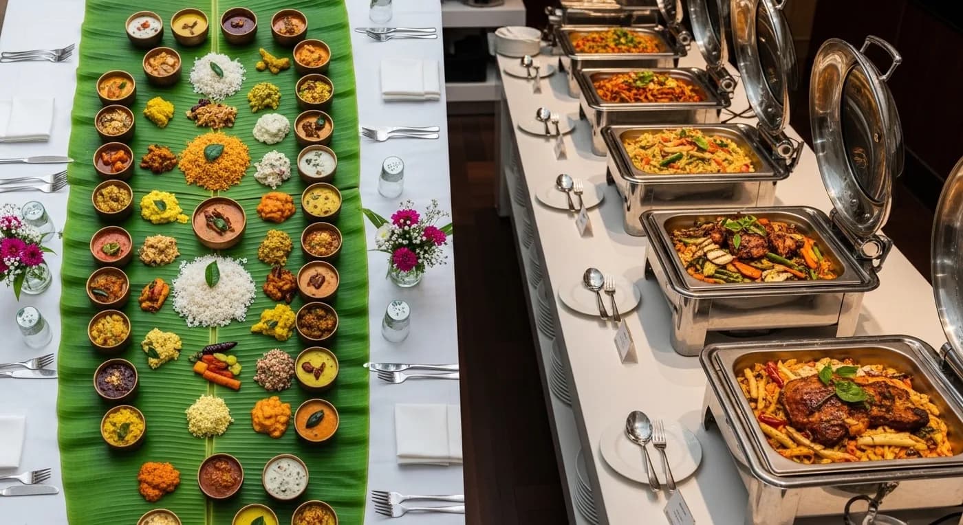 Kerala wedding catering setup with traditional sadya on banana leaf and modern buffet spread
