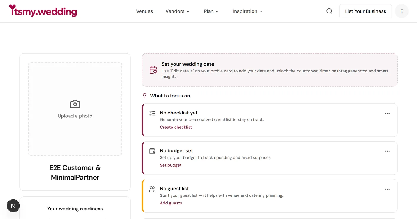 Wedding planning dashboard showing checklist, budget tracker, and e-invite builder on laptop and mobile screens