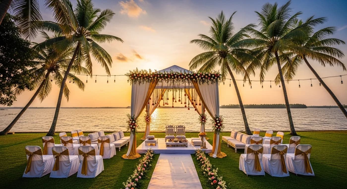 Wedding setup at a backwater resort in Alappuzha with Vembanad Lake and palm trees in the background