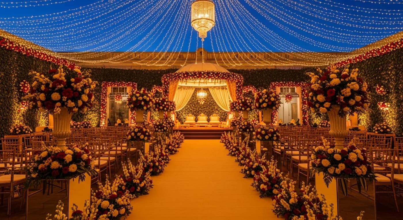 Stunning Bangalore wedding venue decorated with flowers and lights