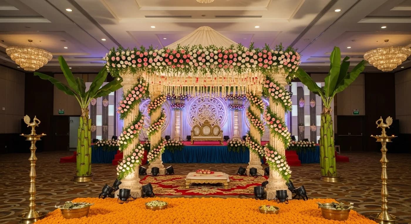 Beautifully decorated Chennai wedding venue with traditional kolam mandap