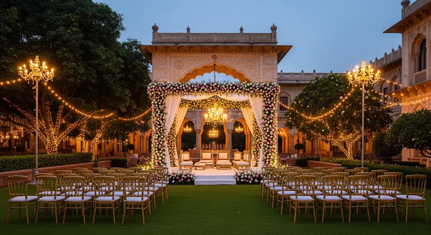 Elegant wedding setup at a heritage palace venue in Hyderabad with floral mandap
