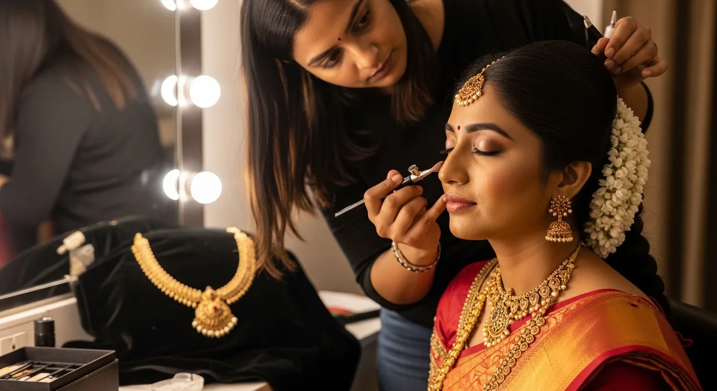 Bridal makeup artist styling a South Indian bride with traditional temple jewellery in Chennai