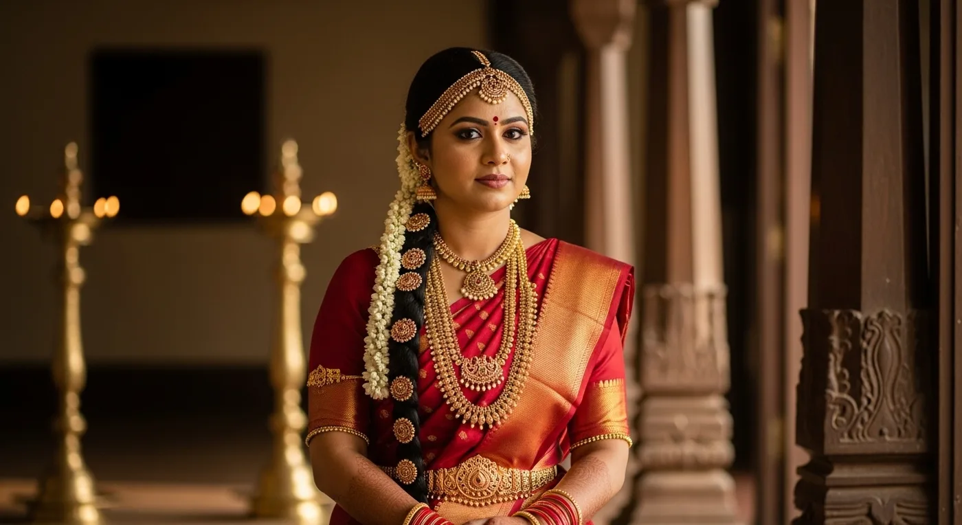 Traditional South Indian muhurtham bridal look with Kanjivaram saree and temple jewellery