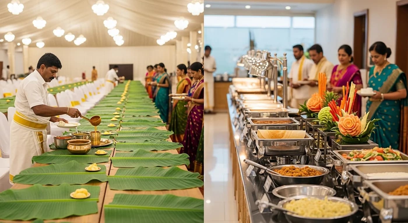 Different types of Chennai wedding catering setups including banana-leaf saapadu and buffet stations