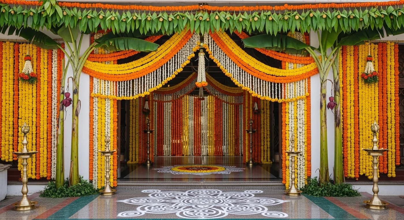 Chennai wedding entrance decorated with marigold