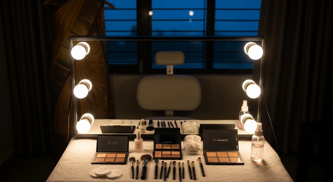 Bridal makeup station set up for an early-morning Chennai muhurtham ceremony