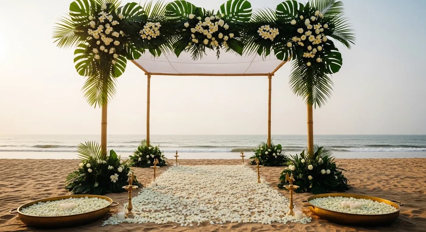 Beach wedding decoration setup with tropical greenery at an ECR venue near Chennai