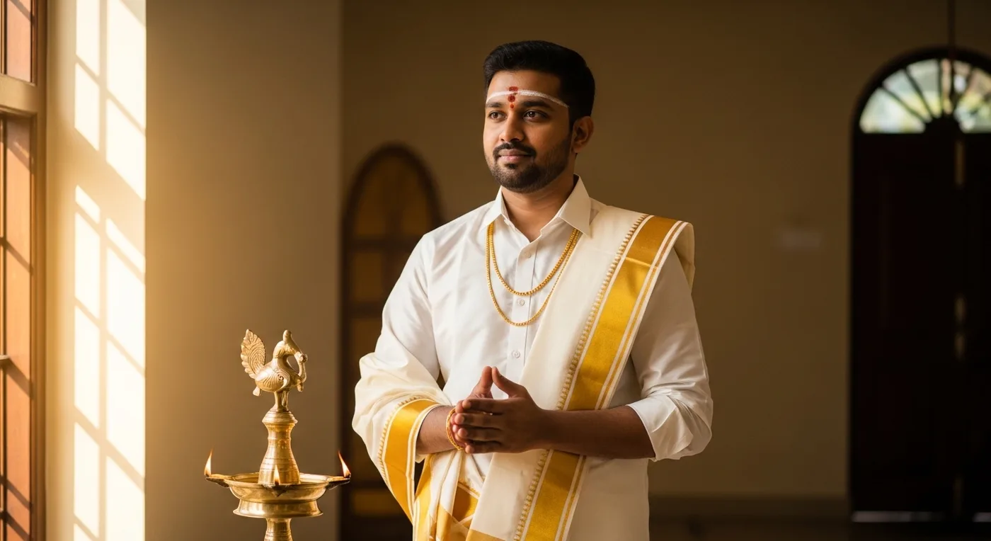 Kanchipuram silk groom veshti with gold zari border and matching angavastram