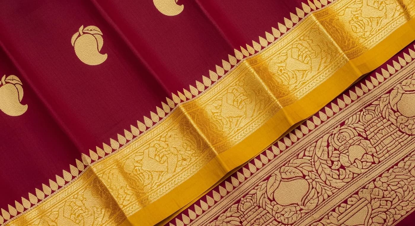 Close-up of Kanchipuram silk saree korvai weave showing the hand-joined border